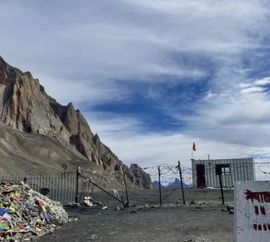 High-altitude viewpoint with Tibet border marker at Manaslu Circuit Trek