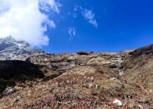 Trekkers walking on the trail to the Tibet Border near Samdo with scenic Himalayan landscapes on the Manaslu Circuit Trek.
